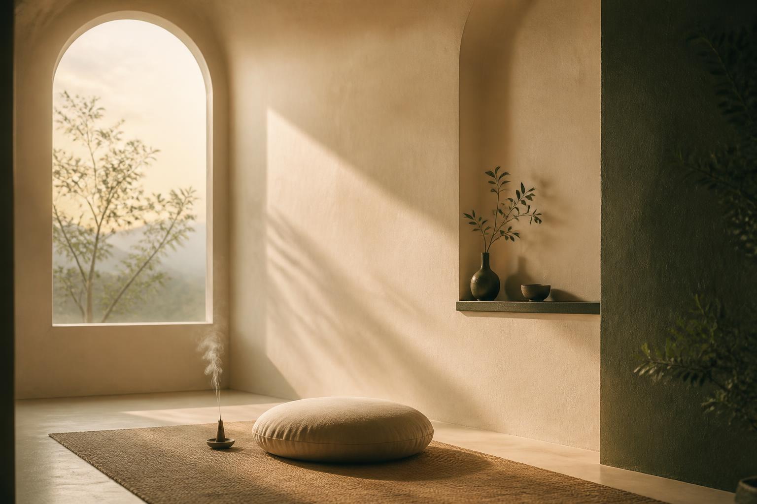 A quiet meditation room at dawn — arched window, incense, and a floor cushion in warm alabaster light